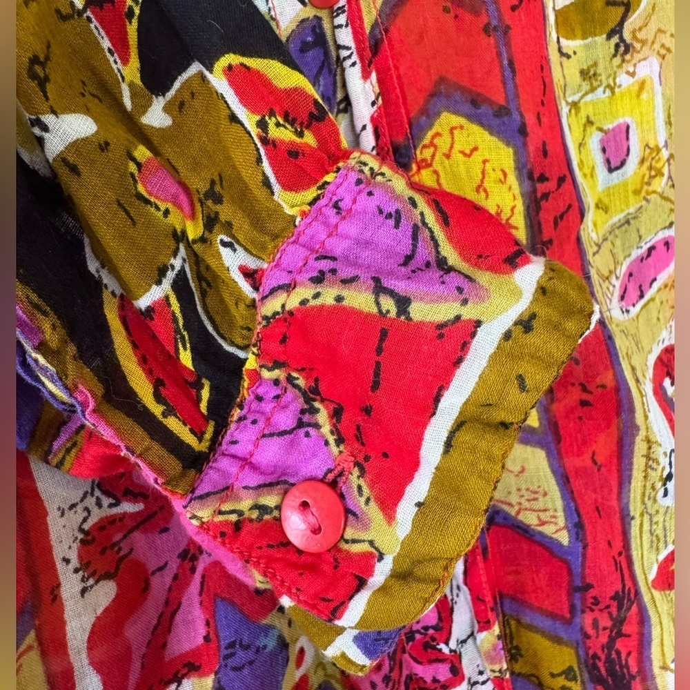 Vintage 90s La Femme India Cotton Gauze Floral Abstract Oversized Button Shirt M - Picture 7 of 11